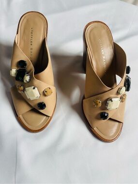 Loeffler Randall Tan Leather Jeweled Slide Mules